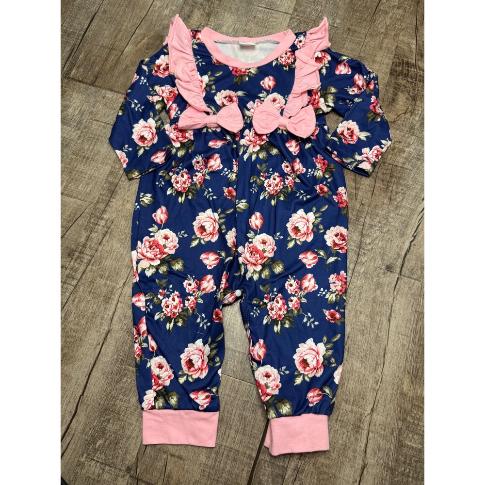 Floral Ruffle Bow Long Sleeve Romper Navy Pink 9-12M
